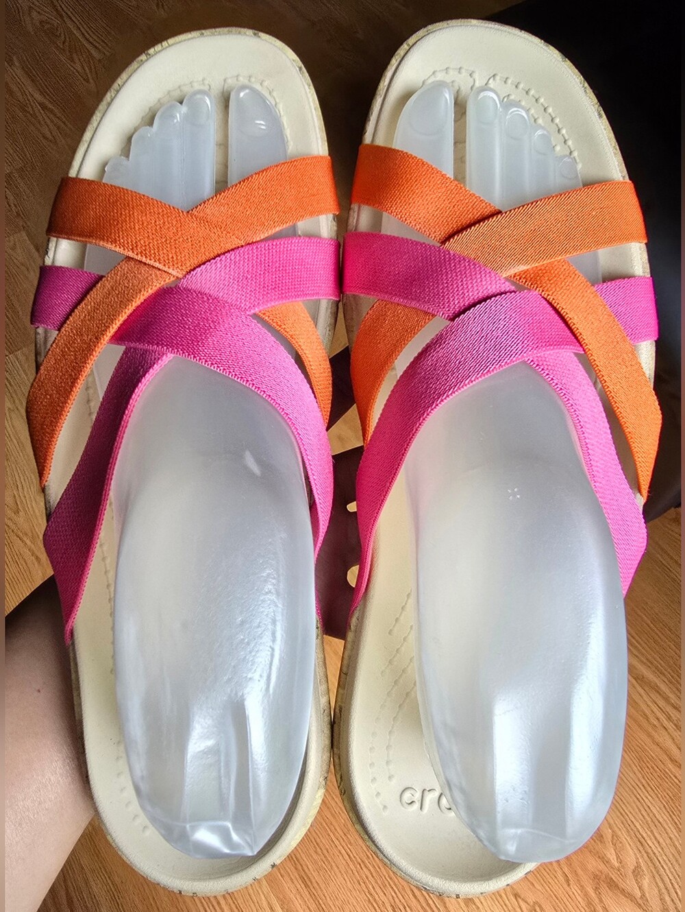 Sz 10 Women's CROCS EDIE STRETCH Strappy Pink/Orange Comfort Sandals - Picture 3 of 5